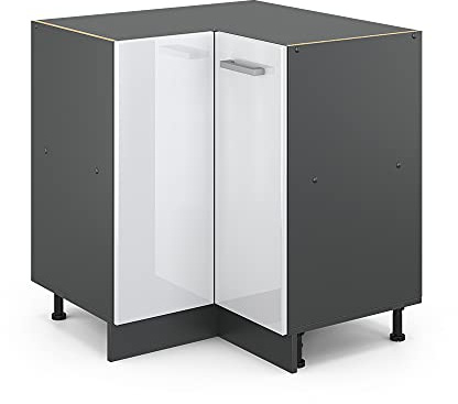 Vicco Eckunterschrank R-Line, Weiß Hochglanz, 75.6 cm | Verbindet zwei Küchenseiten · Ohne Arbeitsplatte · Höhenverstellbare Füße · 1 Einlegeboden · 1 Tür