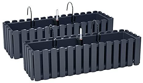 2x Blomlåda Blomkruka med Fästen - 58 x 18 x 16,2 cm - Plantkruka Bevattningssystem Balkong Lådplantor, Antracit