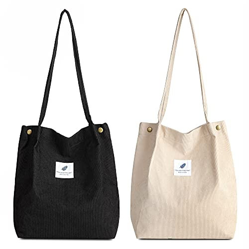 Makukke Umhängetasche Damen - 2pcs Cord Tasche Damen Schultertasche Shopper Damen Henkeltasche für Alltag, Büro, Schulausflug und Einkauf (Schwarz +Beige)