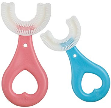 SATIS Lot de 2 brosses à dents en silicone en forme de U pour enfants de 2 à 6 ans, rose et bleu (bleu + rose)