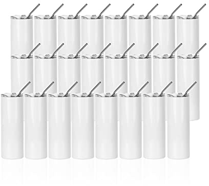 PYD Life Lot de 24 verres à sublimation droits et fins 567 g | Tasses à double paroi en acier inoxydable avec couvercles et paille, pour presse à chaud, impression au four par sublimation