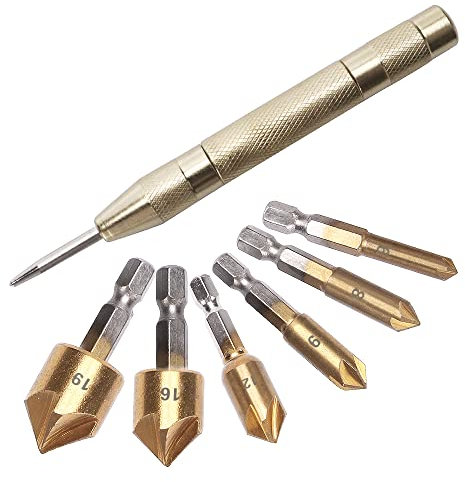 YIXISI 7 Pezzi 90° Svasatore Conico in HSS Titanio Rivestito, Attacco Esagonale Smussatura Svasare con Punzone Centrale, Punta da Trapano Svasatore per Legno, 6/8/9/12/16/19 mm