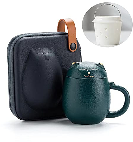 Katzenbecher mit Teesieb und Deckel, Niedliche Teetassen Kawaii-Tasse aus Keramik zum Ziehen, Handgefertigte Porzellan-Teetasse Teekanne für Zuhause, Büro, Tragbare Bruchsichere Hülle 350 ml (Grün)
