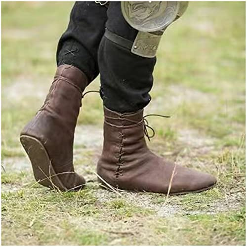 GATURA Men's Medieval Boots Pointed Toe Flat Heel Ankle Boots Faux PU Leather Lace Up Mid Calf Boots Vintage Viking Knight Pirate Boots,Large Size 37-48,Brown,44
