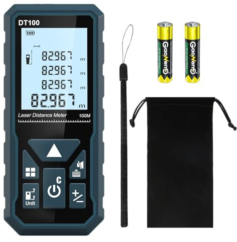 Metro Laser 100m, DT100 Telemetro Laser Distanziometro Laser Impugnatura Portatile Strumento di Misura Digitale Rilevatore di Portata Display LCD a 4 Righe Retroilluminato Grande IP54 Antiurto