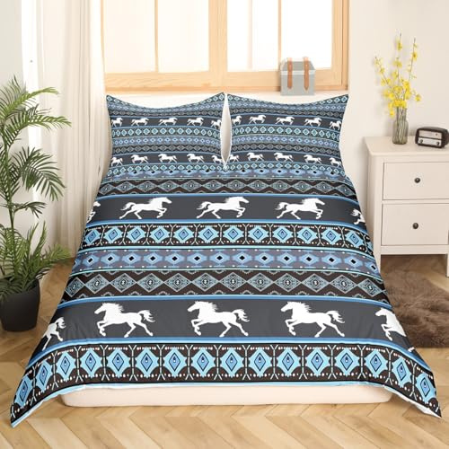 Western Comforter Cover Bohemian Aztec Bedding Set Cowboy Cowgirl Horse Duvet Cover for Kids Boys Girls Adults Farmhouse Wildlife Bed Set Southwestern Native Room Decor Twin Size (No Comforter)