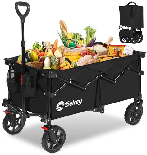 Sekey 135L Folding Festival Trolley with All-Terrain Wheels and Brake, Heavy-Duty Cart Loadable up to 150KG, Patented Four-Directional Foldable Design, Wagon for Beach Camping Garden Shopping, Black
