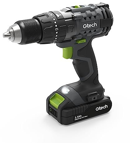 Gtech CCD001 Cordless Combi Drill | 2500mAh 20V Li-ion Battery | 2-Gear 21 Torque Settings | LED Headlight | 9pc Drill Set
