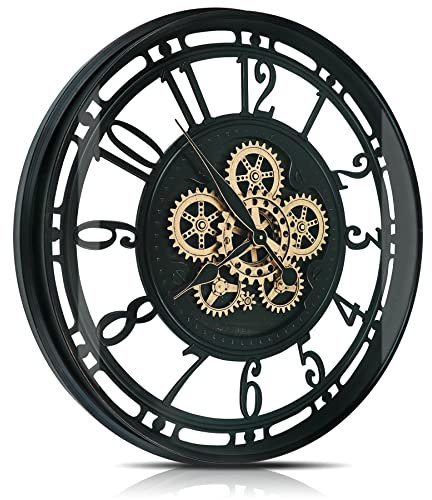 DORBOKER Wanduhr Groß mit Beweglichen Zahnrädern Moderne Industrial Steampunk XXL Vintage Retro Antike Metall Uhr für Küche Wohnzimmer Zuhause Bar Schule(53.5cm, Schwarzes Gold Arabische Ziffern)
