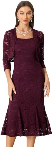 Allegra K 2pc Lace Dress for Women's Sleeveless Fishtail Sheath Dresses and Crop Shrugs Burgundy XS