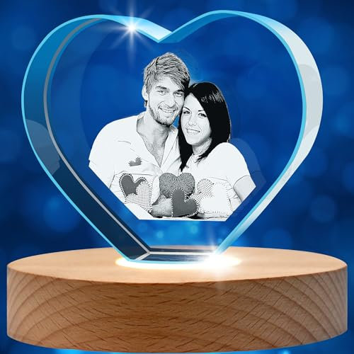 Dilamus Crystal Photo Personalized, Customized Pictures Etched Engraved in Glass Photo Heart Shape with LED Light Wood Base, Custom Family Photo Crystal Unique Memorial Gift for Her, Him, Mom, Dad