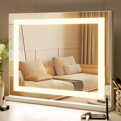FENCHILIN Hollywood Mirror with Lights Vanity Makeup Mirror with Lights LED Lightstrip USB Port 58x46cm 3 Lighting Modes 10x Magnifying Glass Touchscreen for Dressing Table