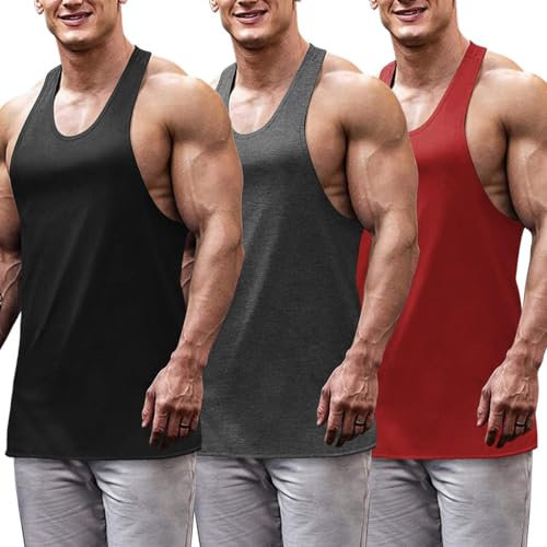 COOFANDY Tanktop för män, 3-pack, fitness, tanktopp, sommar, ärmlös, fitness, muskelskjorta, träning, armhåla,, undertröja, Svart/röd/mörkgrå, M