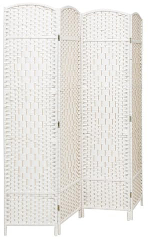 INMOZATA Hand-woven Wicker Room Divider, 4 Panel Folding Screens and Room Dividers Free Standing, White Room Partition Privacy Screen Room Divider for Bedroom Living Room Office