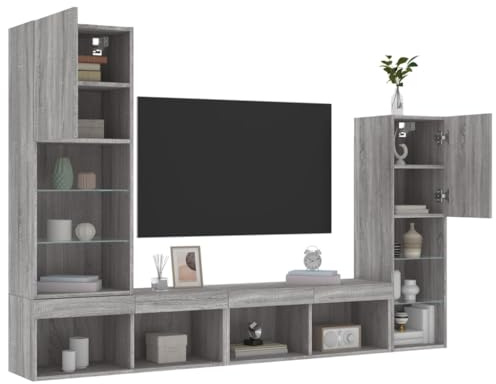 Gecheer Mobili TV a Muro con LED 4pz Grigio Sonoma in Legno Multistrato,Mobile TV Pensile,Mobile Porta TV Sospeso,Mobiletto TV Parete,Parete Attrezzata,Armadietto a Parete per TV,655