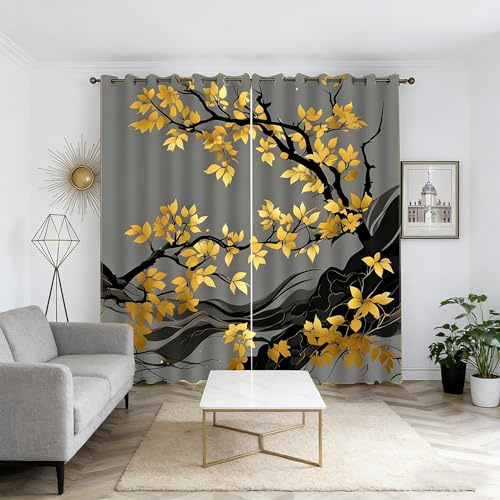 loyaltyer Or Rideau Anti Bruit Arbre Rideaux D'ombrage à œillets Thermiques Isolant Rideau pour Chambre à Coucher Salon Café de Fenêtre, Lot de 2 Rideau(2x140x260cm), Gris