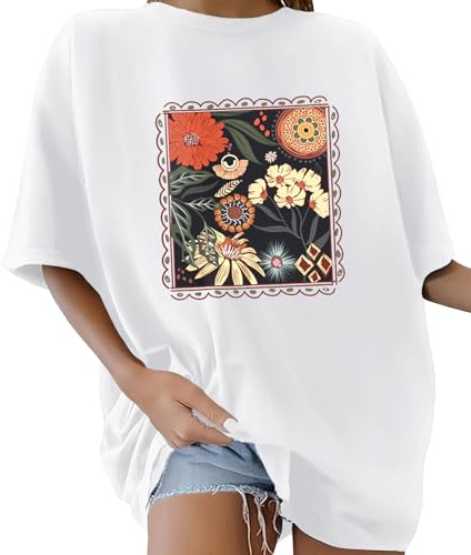 Xnova Tee Shirt Femme Grande Taille Coton T-Shirts à Manches Courtes Col Rond Oversize Graphic Long Top Casual Loose Haut Été, D-Blanc, M