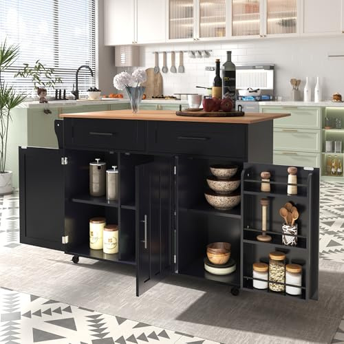 KecDuey Carrito de cocina con isla plegable y ruedas, 129 x 71 x 91,5 cm, aparador grande con vetas de madera maciza, diseño de puerta de almacenamiento (negro)