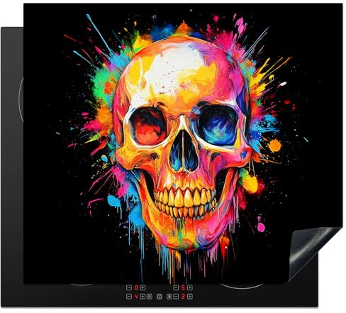 KitchenYeah© Herdabdeckplatte Einteilig Ceranfeld Abdeckplatte Küche Deko | 60x52 cm - Ceranfeldabdeckung Herdabdeckung Induktionsmatte Totenkopf - Graffiti - Schädel - Bunt