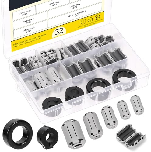 Mardatt 32 Stück 7 Größen aufsteckbarer Ferritringkern-RFI-EMI-Entstörfilter-Kabelclip für Kabel mit einem Durchmesser von 3,5 mm/5 mm/7 mm/9 mm/13 mm/15 mm/42 × 24 × 16 mm, grau