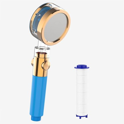 HONBOO Pommeau de Douche avec Filtre, Douchette Haute Pression avec Bouton d’Arrêt, Mode Massage, Douche Économique, Microdouche pour Peaux Sensibles, Bleu