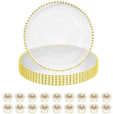 Gold Trim Charger Plate Clear n Diamante & Hammered Napkin Ring, 24pcs | Perfect for Weddings, Parties, and Home Dining, Decorative and Affordable Clear Charger Plates for Event Table Decor