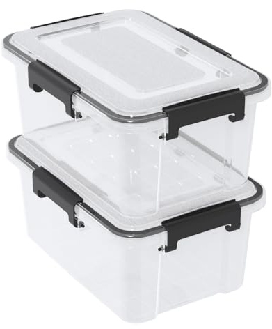 Ikando Set di 2 contenitori ermetici in plastica con coperchio impermeabile, impilabili, trasparenti, 10 litri