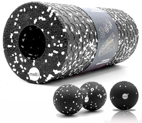 molti Faszien Set 3in1 – Faszienrolle, Duoball & Massageball für Rücken, Nacken & Beine, rutschfest & leicht, ideal für Fitness, Yoga & Selbstmassage (Schwarz-Weiß)