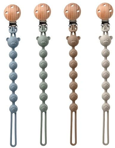 4 Stück Schnullerkette Silikon mit Holzclip, Schnullerband für Mädchen & Junge, Cup Catcher Baby, Nuckelkette, Baby Zubehör, Schnullerhalter für Babyflaschen Kinderwagen Hochstühle