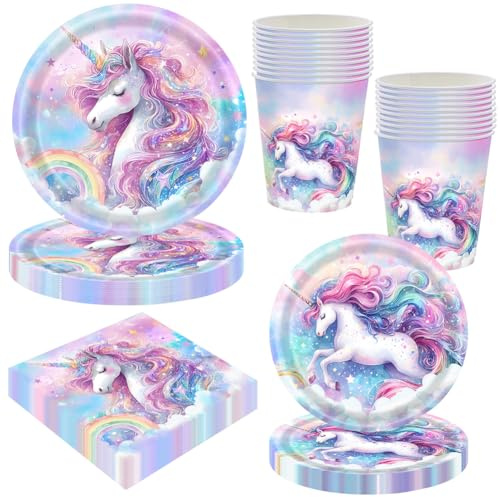 80PCS Set di Stoviglie per Feste Unicorno,Riutilizzabile Set di Stoviglie per Feste di Compleanno,Unicorno Party Decoration Festa a Tema,Forniture per Feste di Unicorno,Piatti,Tazze,per 20 Persone