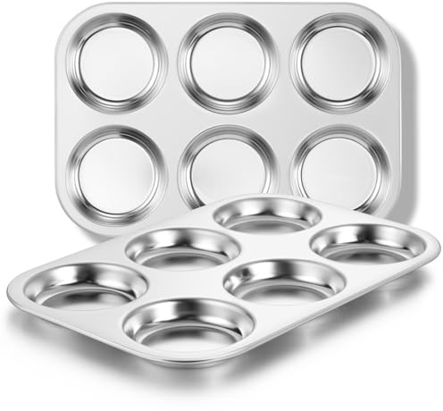 E-far Muffin Top Pan Set of 2, Stainless Steel 6-Cavity Hamburger Bun Pan for Baking Whoopie Pie, Yorkshire Pudding, Eggs, Moon Pie, Drop Cookies, Non-Toxic & Standard Size, Oven & Dishwasher Safe