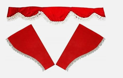 Lot de 3 rideaux en velours rouge avec pompons blancs compatibles avec Scania R S P G L 2004-2018