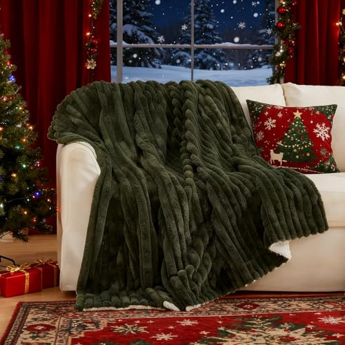 Tofinel Dicke Kuscheldecke Decke Flauschig 150x200 cm - Kleine Sherpa Decken Olivingrün & Sofadecke für Weihnachten,Imitat-Wolldecke,Tragbare Warme Fluffy Plaid als Wohnzimmer & Picknic Fleecedeck