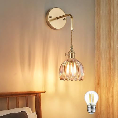 Wallps, Wall Sconces Set of 2 with Cognac Tulip Glass Shade Brass Sconces Modern Wall Lightifixture with Switch for Bedside Bedroom Doorway/Amber/Set of 1 (Hardwired B)