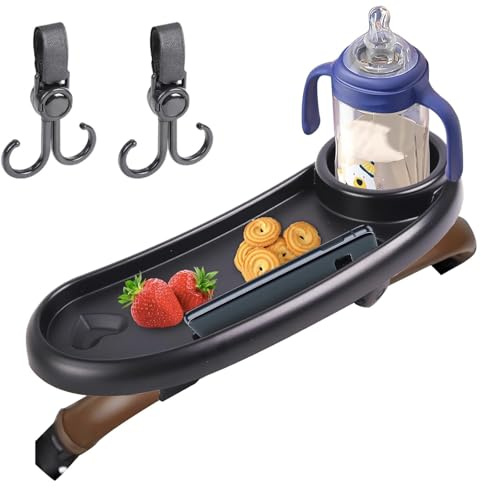 GIOTUK Baby Stroller Snack Tray with Cup Holder – Universal Removable Tray with Adjustable Buckle, Phone Holder and Hooks for Prams, Buggies and Pushchairs (Adjustable Spring Clamp with 2 hooks)