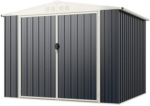 GOPLUS Utrustningsskjul 246 x 193 x 180 cm, trädgårdshus metall, apparathus med sadeltak, låsbar dörr och luftventiler, trädgårdsskjul, trädgårdshus för trädgård, bakgård och terrass, grå