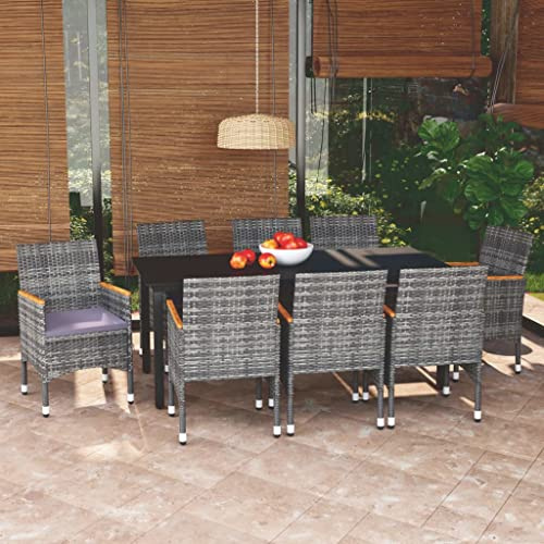 Qnhdfrt 9 teilige Garten Essgruppe mit Kissen Poly Rattan Grau Tisch und Stühle Set aus Aluminium und PE Geflecht für Terrasse Balkon