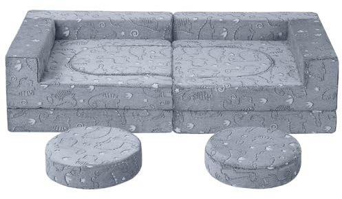 MeMoreCool Sofa für Kinder ab 3 Jahren, Modularer Schaumstoff Soft Couch mit Grauem Dinosaurier, Leuchtender Effekt, Ideales Sofa für Kinderzimmer