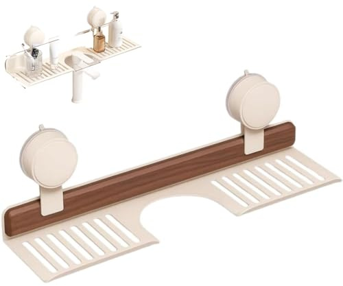 Walnuss-Regal mit Saugnapf, Wasserhahn-Organizer Für Badezimmer, Waschbeckenregal über dem Wasserhahn, Wandmontiertes Regals Ohne Bohren Waschbeckenregal Für Badezimmerarmaturen (Weiß, 50CM)