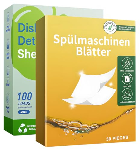 130 Stück Spülmaschinen Blätter, Geschirrspülblätter，Spülmaschinenblätter Biologisch Abbaubar Plastikfrei, Zitronengeschmack + Grüner Apfelgeschmack