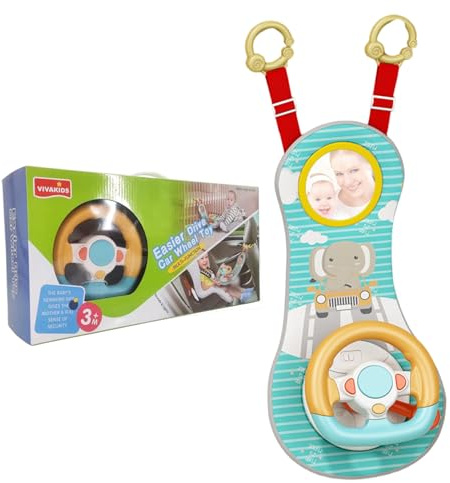 Juguetes para asientos de automóvil orientados hacia atrás, volante de bebé con rotación de 360° con espejo, música, luces y sonidos de conducción, volante para niños de más de 12 meses para jug-
