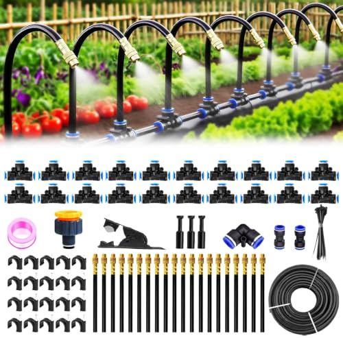 Bewässerungssystem Garten 20M, 360 ° Automatische Bewässerung Schlauch mit 20 verstellbaren Sprühdüsen, Outdoor Nebelkühlsystem für Garten, Gewächshaus, Rasenflächen, Pflanzenbewässerung