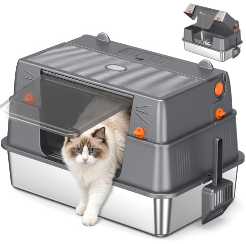 XXL Stainless Steel Cat Litter Box with Side 100° Flip-Top Lid, Deep Grey | High-Sided Enclosed Tray, Full-Width Opening for Easy Cleaning, Removable Lid, Non-Stick Surface