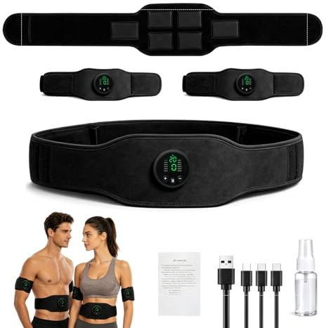Elektrischer EMS Bauchtrainer Set, 3 Hauptgeräte, 2 Arm-Pads, 1 Gürtel, 1 Sprühflasche, 1 3-in-1 Ladekabel, 12 Modi, 19 Intensitätsstufen, Unisex Bauchmuskeltrainer, auch für Beine und Rücken geeignet