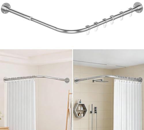Shower Curtain Rail with 12 Hooks & Hanging Steel Ropes, L-Shaped Double Adjustable Extendable 60-138cm Curtain Pole, 90° Corner Curved Arc Design for Bathroom Bathtub/Corner Shower Enclosure Divider