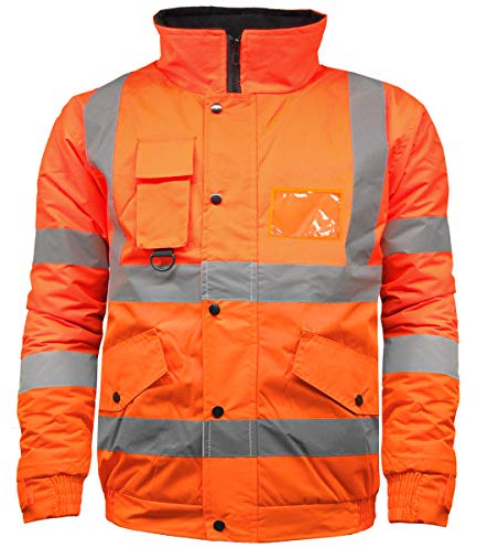 Hi Vis High Visibility Safety Security Reflective Protective Waterproof, Windproof Padded Workwear Bomber Jacket Coat With Concealed Hood Available In Orange, Yellow, Black and Contrast.