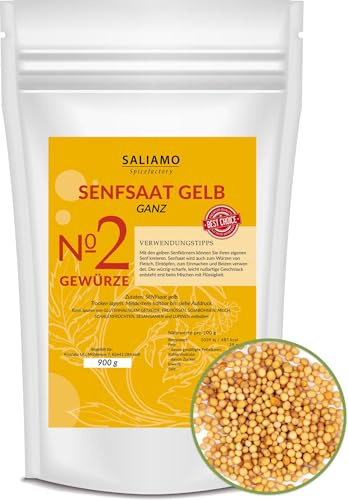 Saliamo | 900g Senfsaat, Senfsamen gelb, gelbe Senfkörner, zur Senfherstellung, Senföl, zum einlegen von Essig Gurken, als Grillgewürz für Fleisch, Fisch