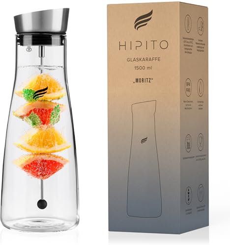 HIPITO Moritz,Jarra de cristal (1.5 l, con tapa de acero inoxidable, jarra de agua con inserto de fruta de vidrio de borosilicato resistente al calor, jarra de cristal con tapa con brocheta de fruta)