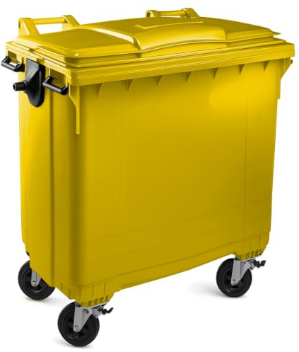 SSI Contenedor de Basura 1100L con Tapa Plana - Ruedas con Freno, Desagüe Inferior, Cumple Normativa EN-840, Ideal para Grandes Volúmenes de Residuos y Reciclaje en Exteriores (Amarillo)