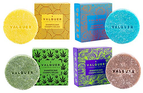 Valquer Pack Shampoings Solides Exotiques (Myrtille et Avocat, Orange et Papaye, et Cannelle, Cannabis), Vegan, 93% d'Origine Naturelle, Zéro Déchet - 4 unités x 50g